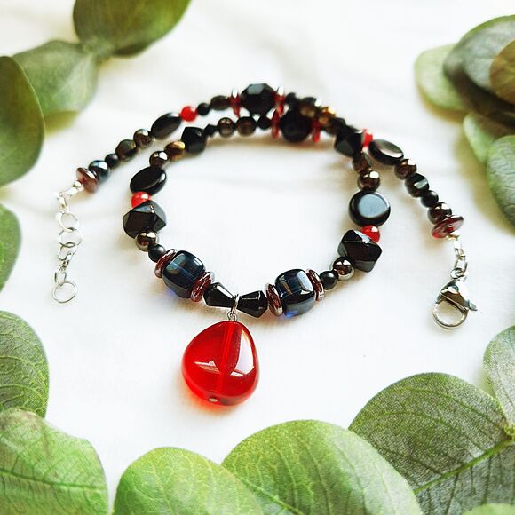 Goth Black Glass & Stone Beaded Choker with Red Teardrop Pendant, Adjustable - Picture 14 of 14